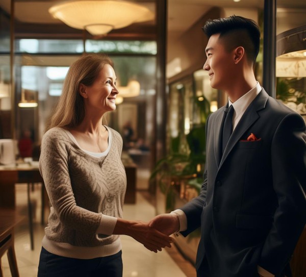 游客，您好！我是来酒店的顾客，我是来自[酒店名称]的[顾客姓名]我是今天来咨询酒店服务的，我想向服务员学习一些礼仪知识，以示尊重